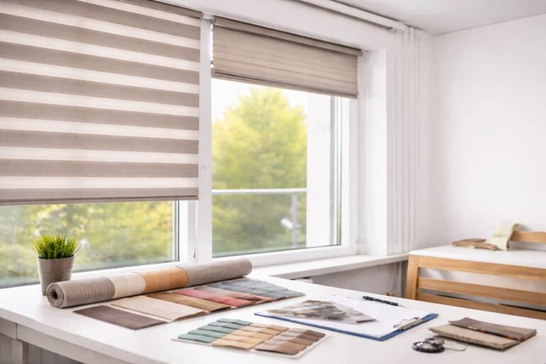Belső árnyékolás Szombathelyen – modern roletta és reluxa világos nappaliban